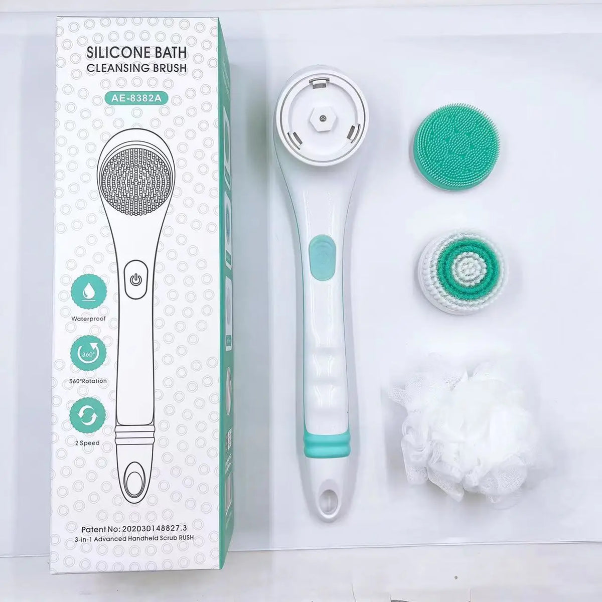 Electric Bath Brush with Long Handle – IPX6 Waterproof, 4 Replaceable Heads, Body Scrubber & Massager