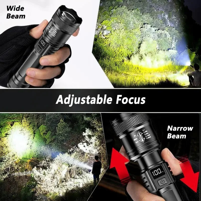 2000 Lumen P50 LED Tactical Flashlight – IP67 Waterproof, Telescopic Zoom, LCD Display, Type-C Rechargeable