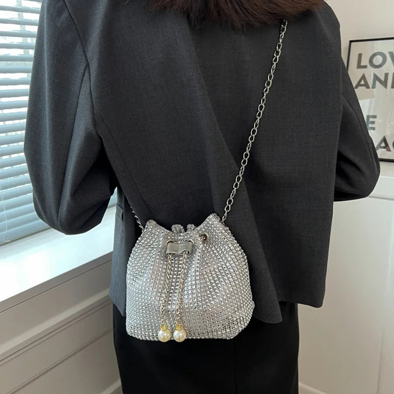 Rhinestone Drawstring Crossbody Bucket Bag – Formal Handbag for Women