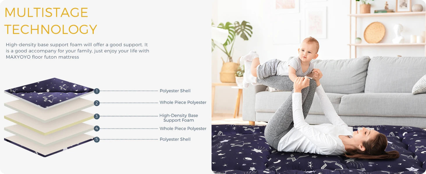 Navy Star Queen Size Foldable Japanese Floor Futon Mattress, Portable Tatami Sleeping Mat for Camping & Indoor Use