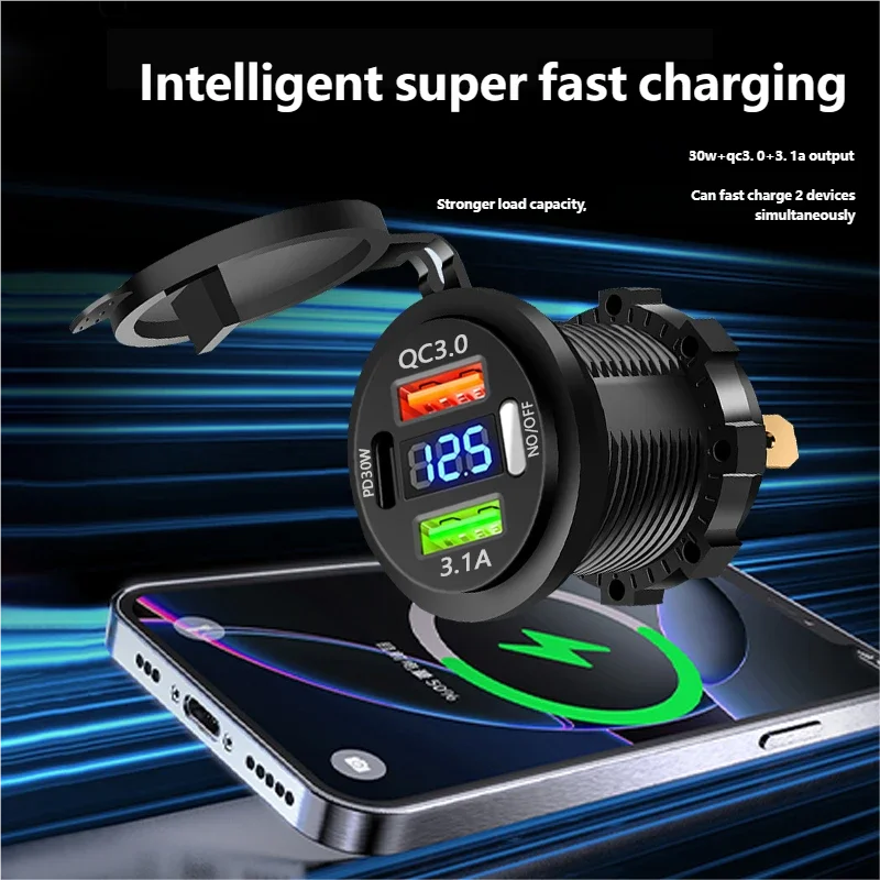 Car USB Charger with Voltmeter – PD3.0 & QC3.0 Fast Charging Socket for Motorcycle, Boat & Auto (12/24V)