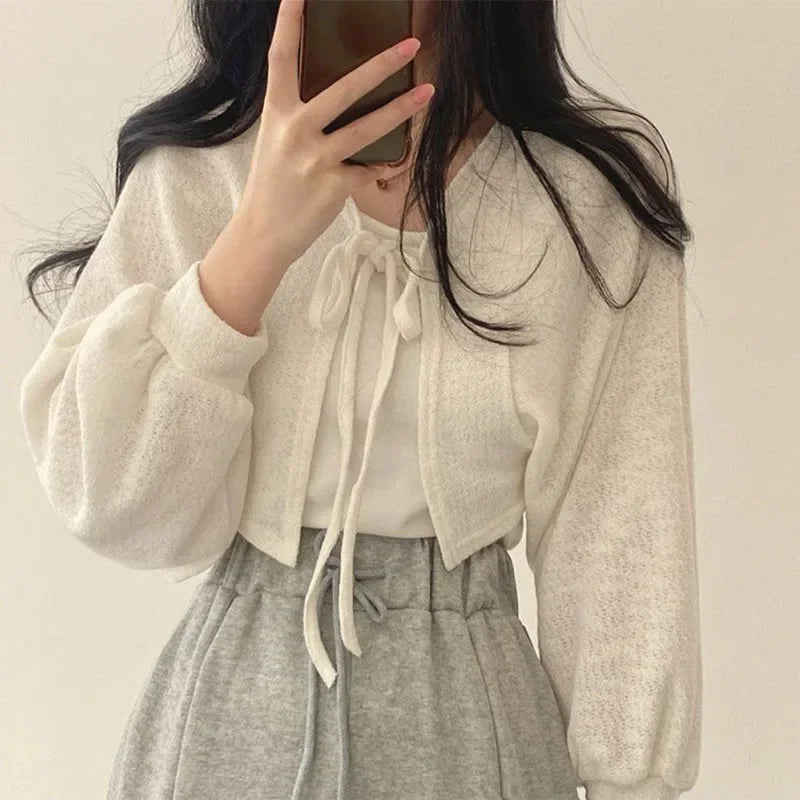 Women's Knitted Cardigan – Thin Lace-Up Lantern Sleeve Short Coat in White, Black & Gray