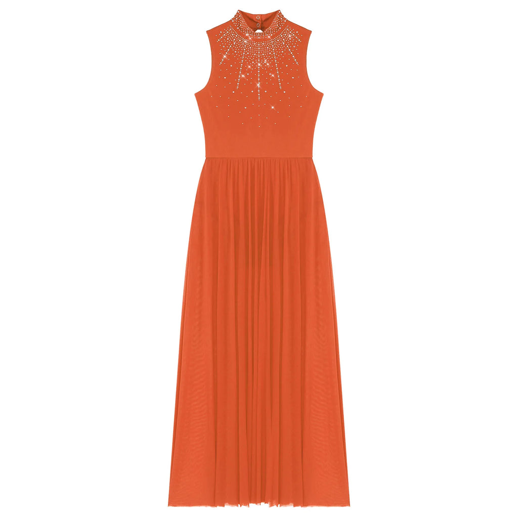 Rhinestone Maxi Sleeveless Contemporary Dance Dress — Mock Neck Wide Hemline Lyrical Leotard