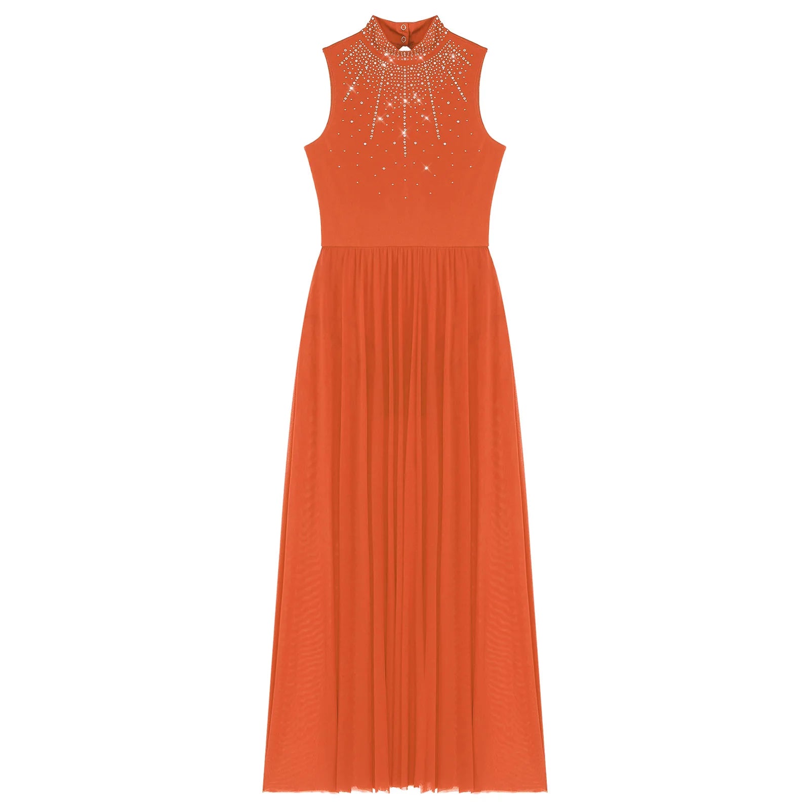 Rhinestone Maxi Sleeveless Contemporary Dance Dress — Mock Neck Wide Hemline Lyrical Leotard