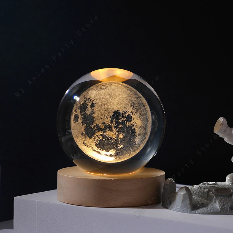3D Crystal Ball Night Light — LED Galaxy Lamp (Saturn, Moon, Solar System) Birthday Gift