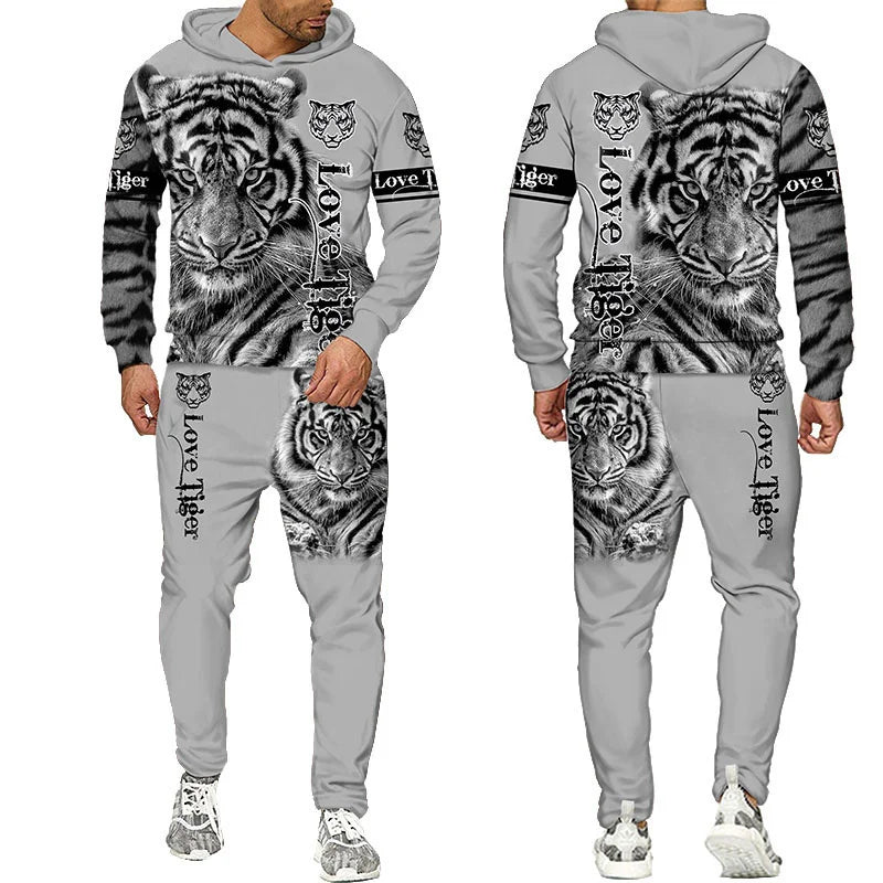 Men's 3D Tiger Print Hoodie & Pants Tracksuit Set – 2-Piece Sportswear