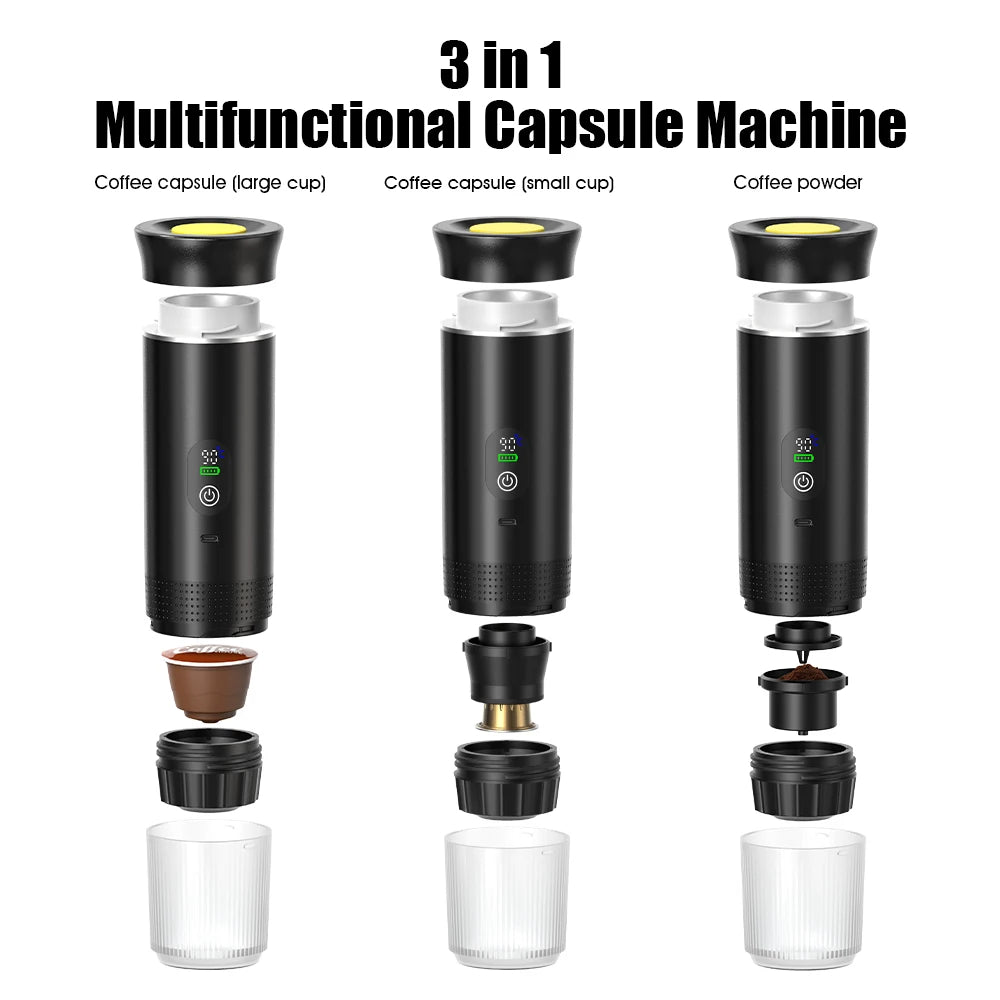 DENOKIN Portable Espresso Coffee Maker – 3-in-1 Capsule Machine with Digital Display for Car, Home & Camping