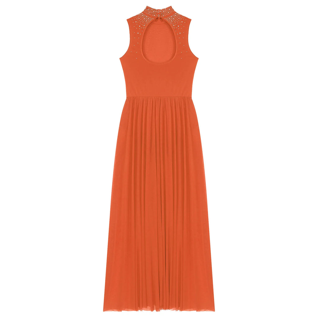 Rhinestone Maxi Sleeveless Contemporary Dance Dress — Mock Neck Wide Hemline Lyrical Leotard