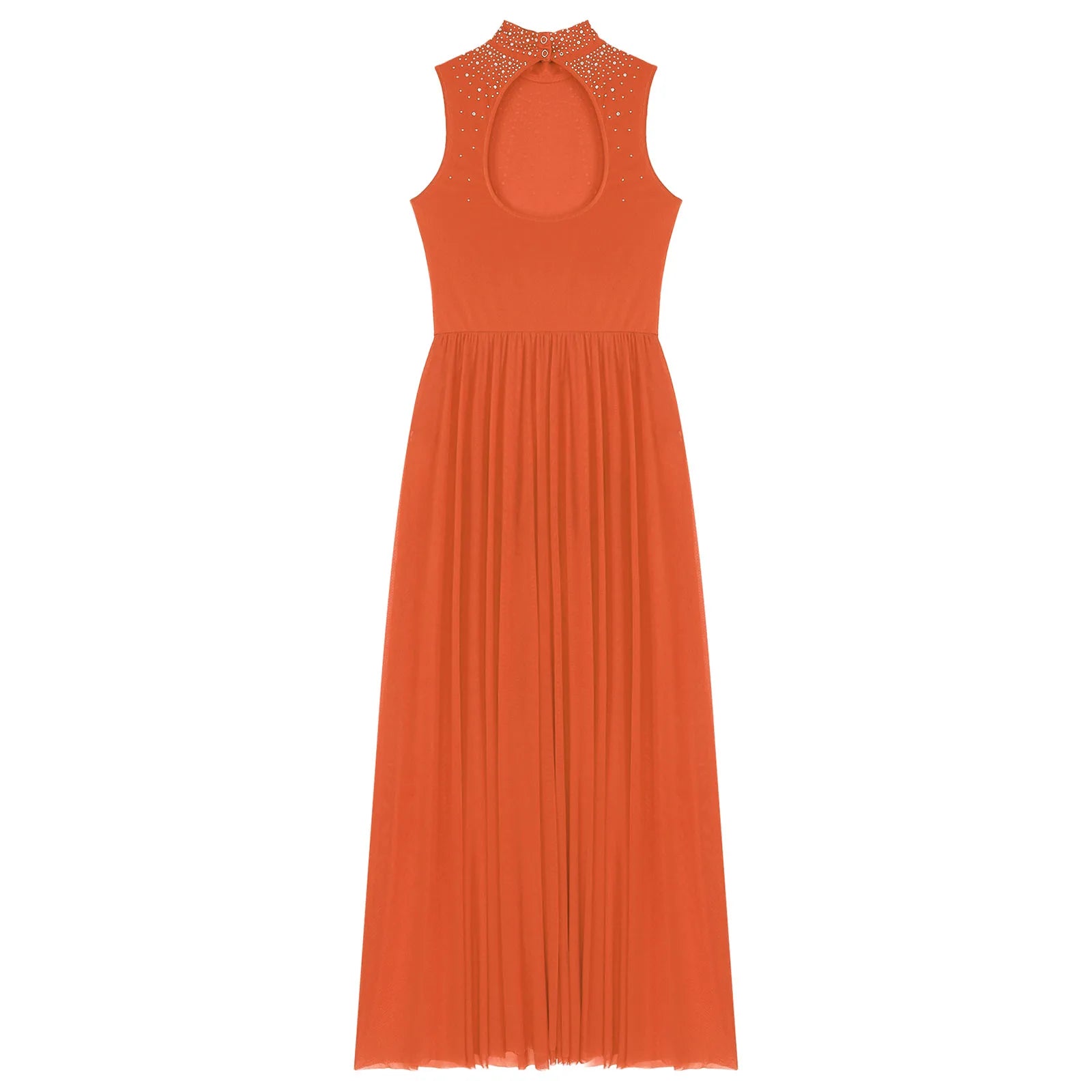 Rhinestone Maxi Sleeveless Contemporary Dance Dress — Mock Neck Wide Hemline Lyrical Leotard