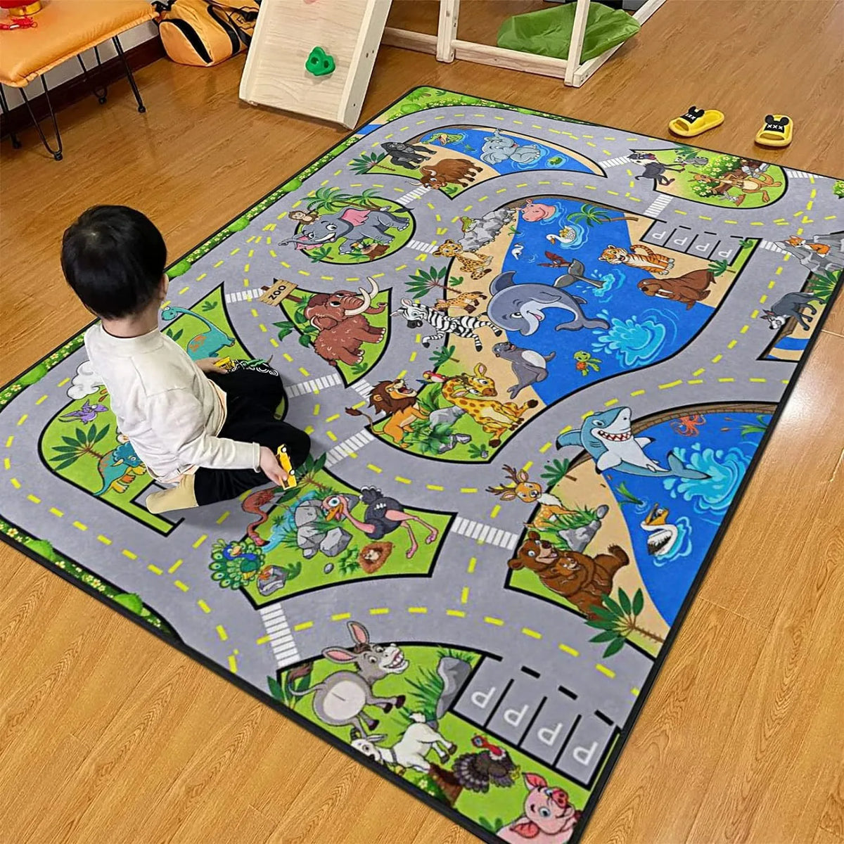 Kids City Traffic Play Mat – Car Park Parking Lot Rug for Boys & Girls, Educational Floor Map