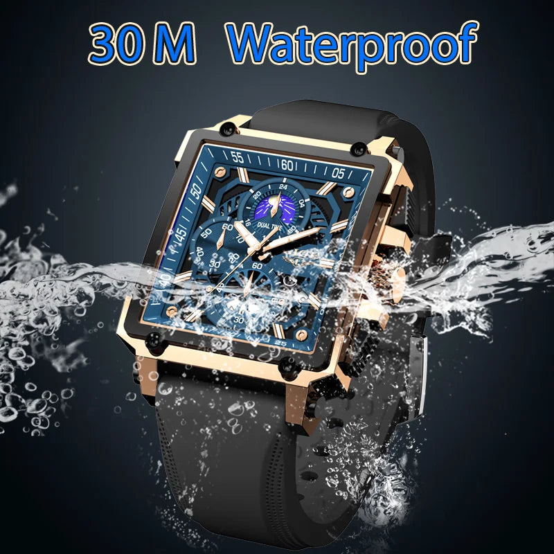 LIGE Men's Hollow Square Sport Watch | Fashion Silicone Strap Waterproof Quartz Wristwatch with Box