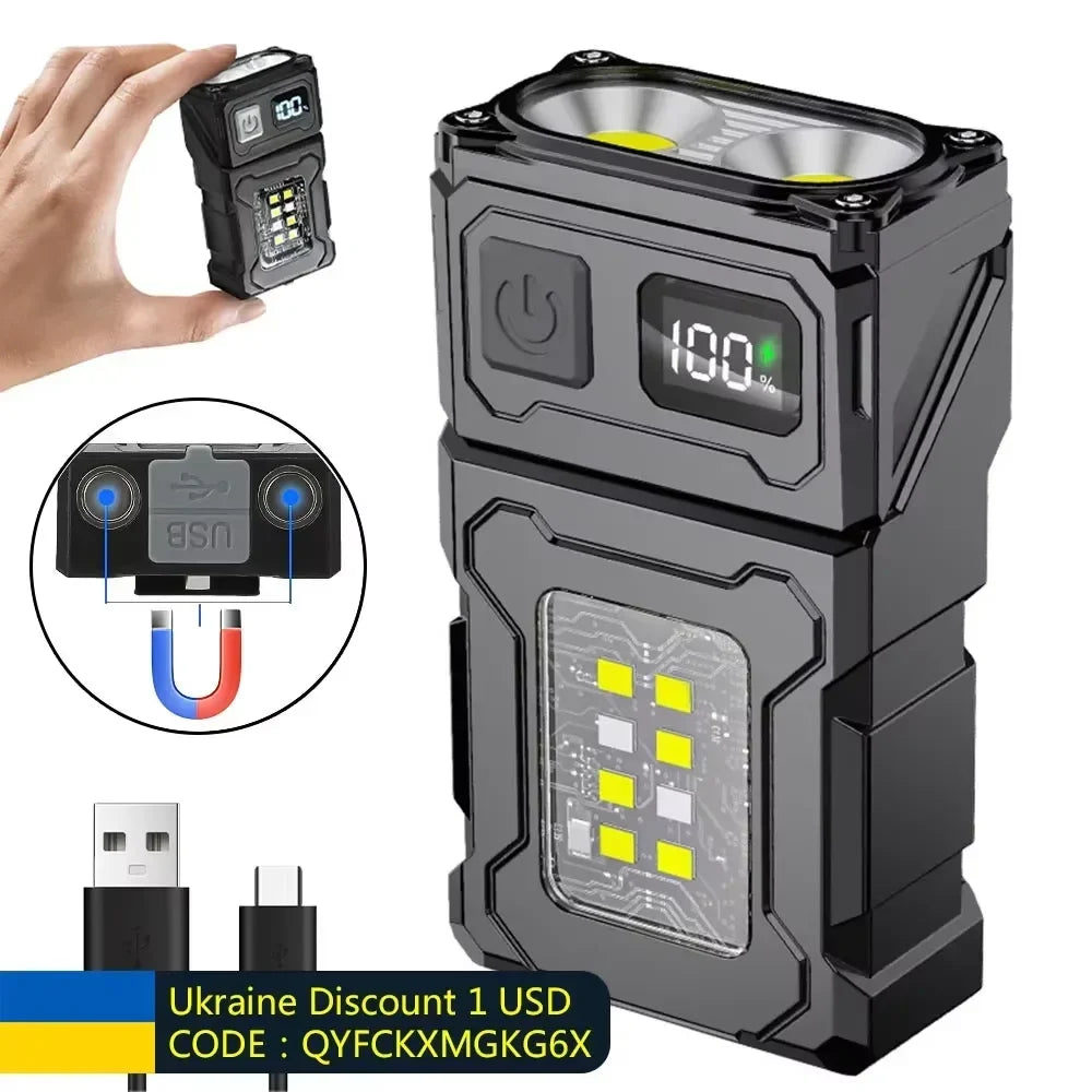 Mini USB Rechargeable LED Flashlight — Magnetic Tail, COB Side Light, Camping Lantern