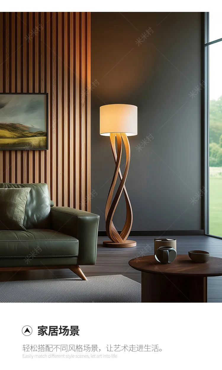 Wood Floor Lamp – Sculpted Base and Fabric Shade