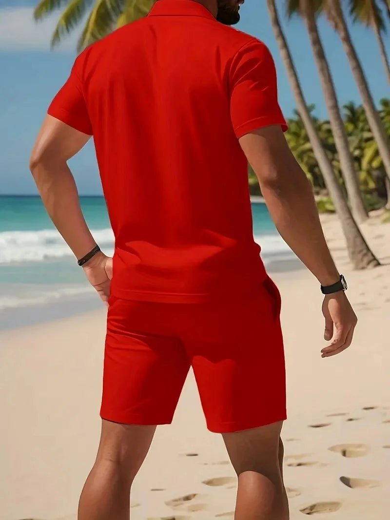 Men's Button-Down Polo Shirt & Breathable Mesh Shorts Set – Casual Versatile Summer Plus Size