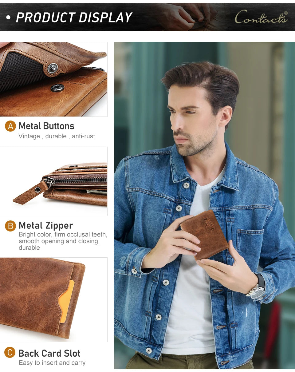 Genuine Cowhide Leather Men's Trifold Wallet – Vintage Crazy Horse Leather Zip Coin Pocket Purse
