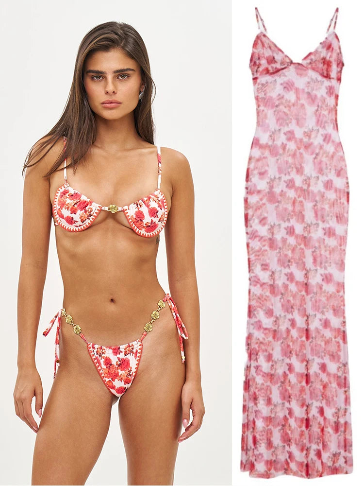 Long Dress Bikini Cover Up | Print Mesh Swimwear, Sexy Floral, Bandage Detail, S-XL