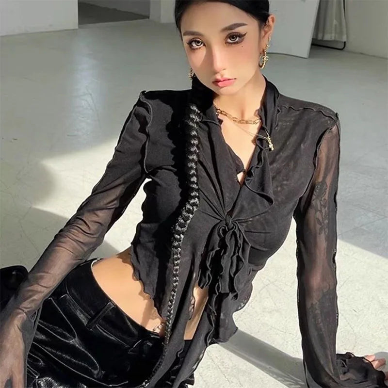 Women's Long Flare Sleeve Blouse – Lace-Up Mesh Korean Fashion Elegant Casual Solid Top