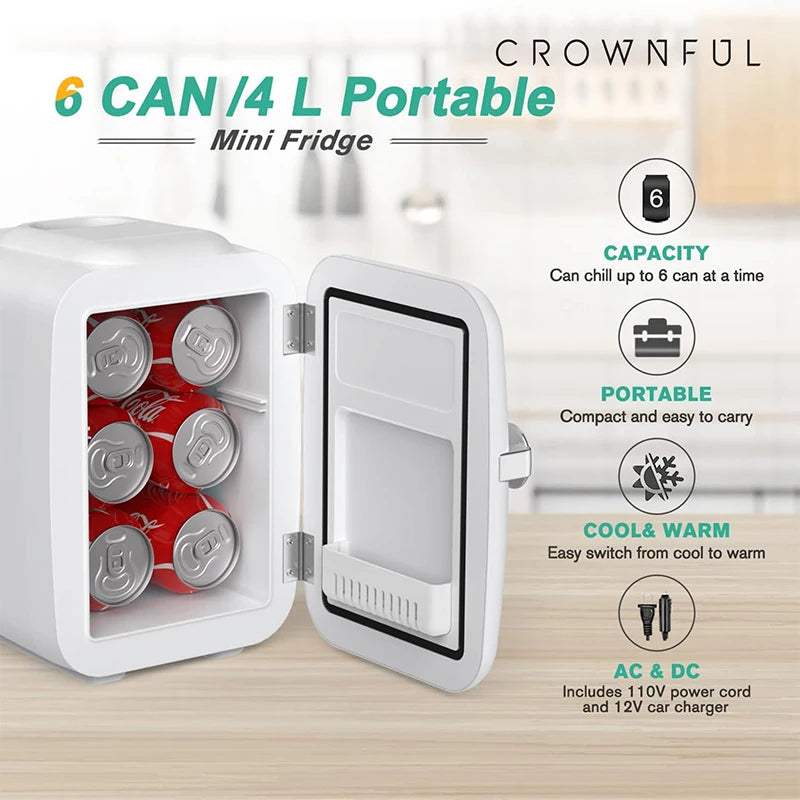 Crownful 4L Mini Multifunction Refrigerator — 120V Electric Portable Beauty Cooler & Warmer for Home, Car, Camping & Travel