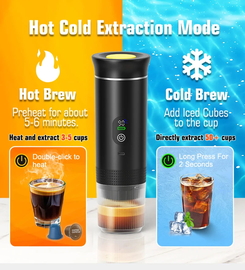 DENOKIN Portable Espresso Coffee Maker – 3-in-1 Capsule Machine with Digital Display for Car, Home & Camping