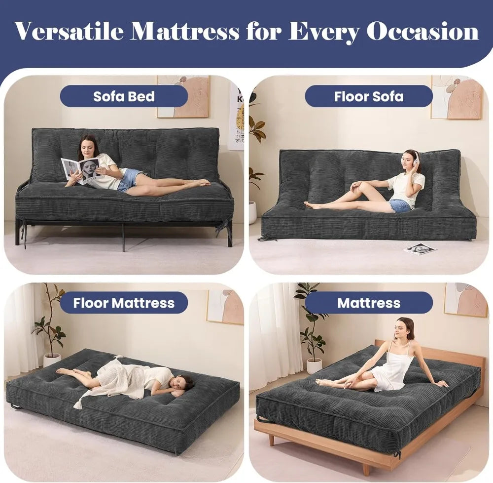 Sofa by Day, Bed by Night — 8" Thick Full-Size Futon Mattress | Roll-Up Folding Floor Sleeper, Medium Firm, Corduroy
