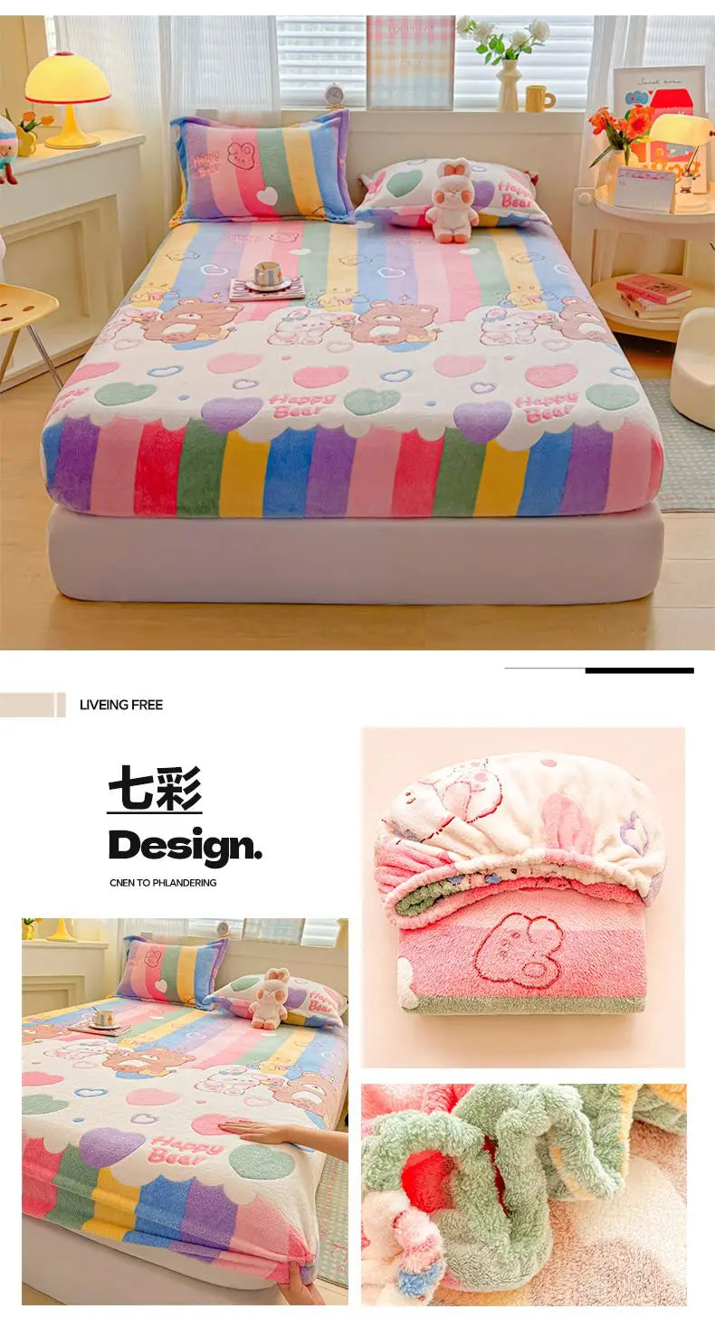 Flannel Fleece Fitted Bed Sheet – Warm Cartoon Purple, Elastic Single to King, Winter Bedsheet
