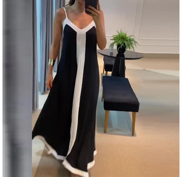 Black & White Contrast V-Neck Sleeveless Loose Long Dress — Elegant Casual Summer Dress