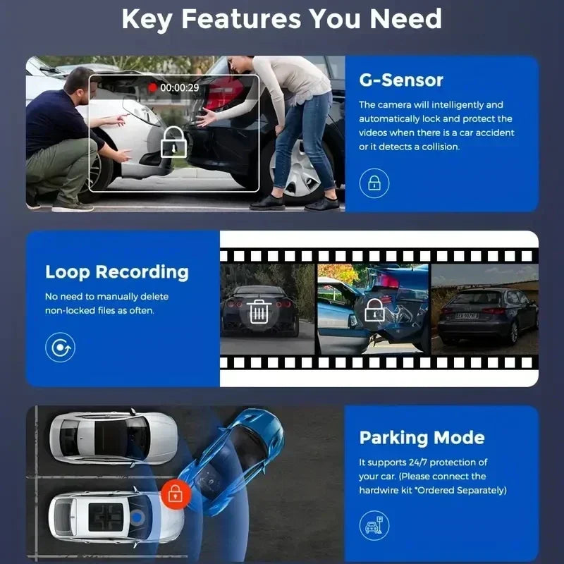 1080P 2/3-Lens WiFi Dash Cam – Front, Rear & Interior, Night Vision, G-Sensor, Loop Recording