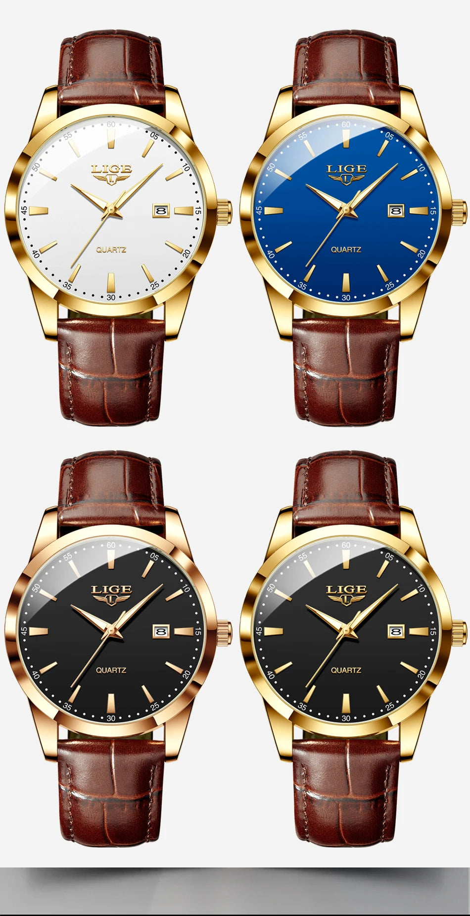 LIGE Men's Brown Leather Chronograph Watch | Military Sport Casual Waterproof Quartz Wristwatch