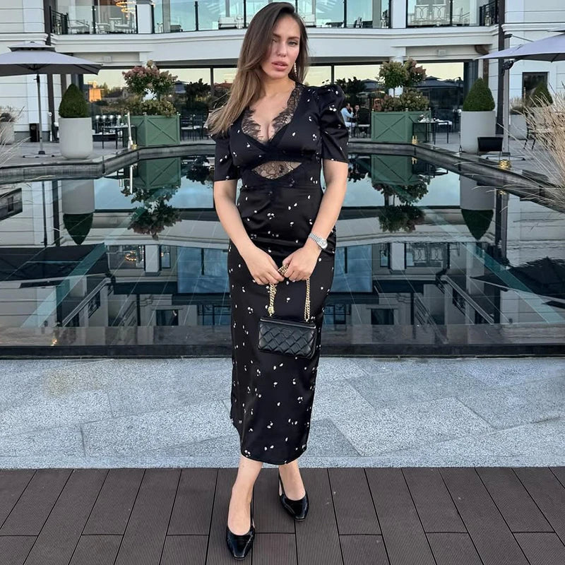 TARUXY Sexy Hollow Lace Dress – Short Sleeve Elegant High Waist Slim Print Summer Party Club Dress