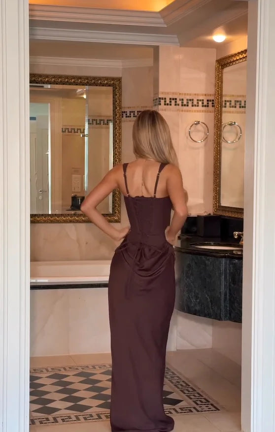 Square Neck Pleated Sling Dress — Off-Shoulder Waist-Cinching Slim Evening Gown