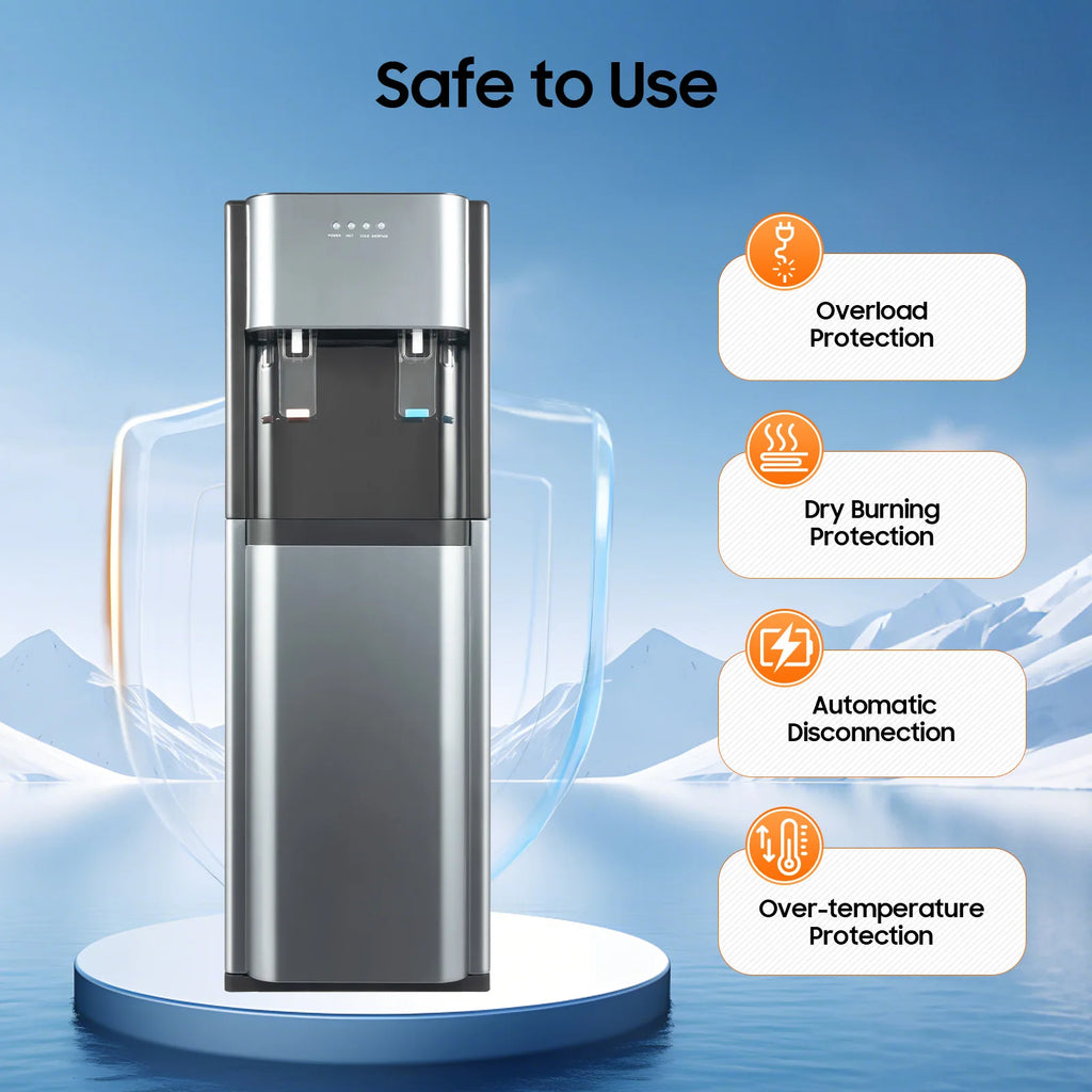 110V Bottom-Loading Water Dispenser — 304 Stainless Steel, Hot & Cold, Floor Standing | US Plug