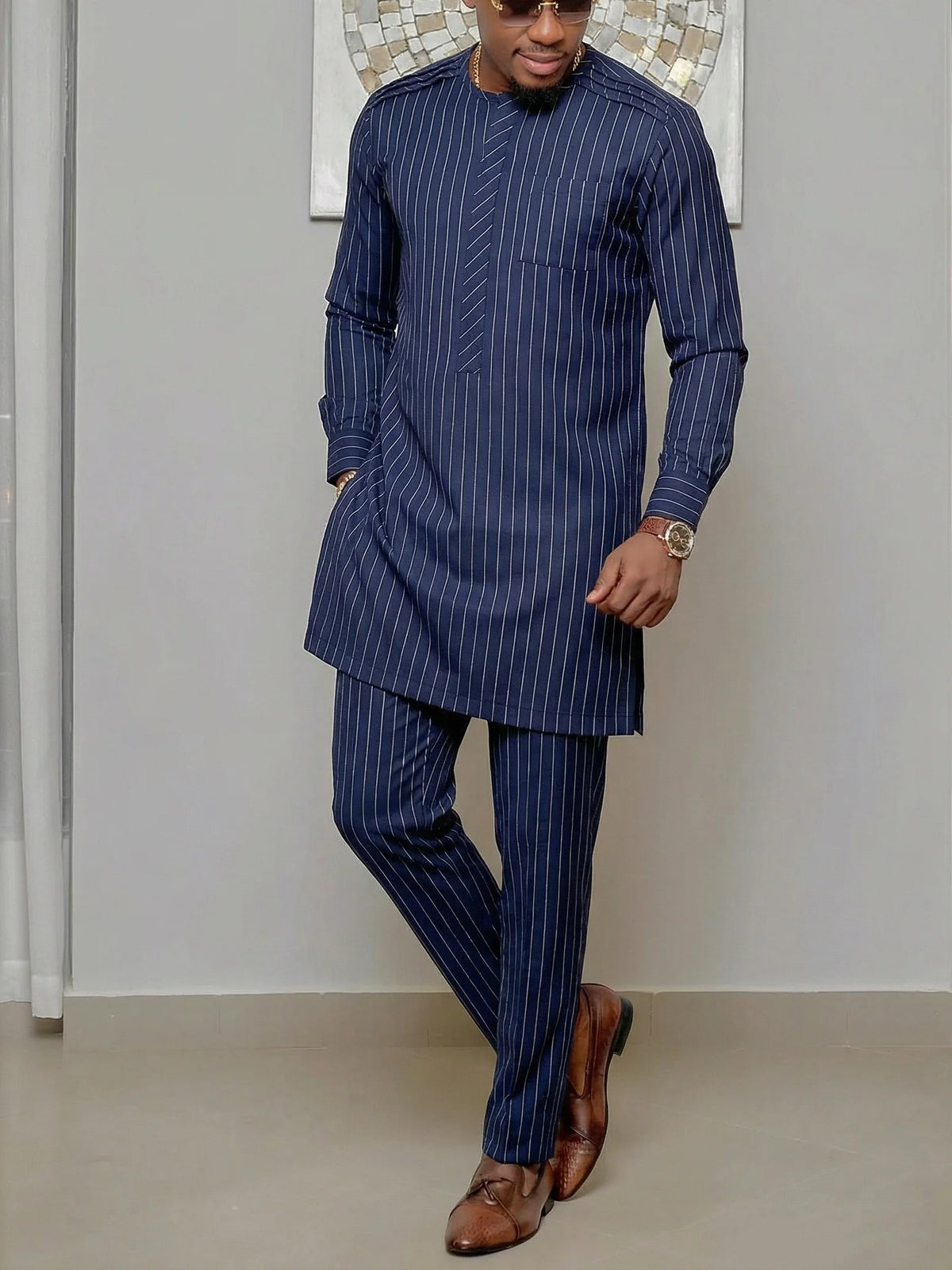 Men's African Kaunda Kaftan Long Sleeve Top & Pants 2-Piece Suit – Traditional Ethnic Wear