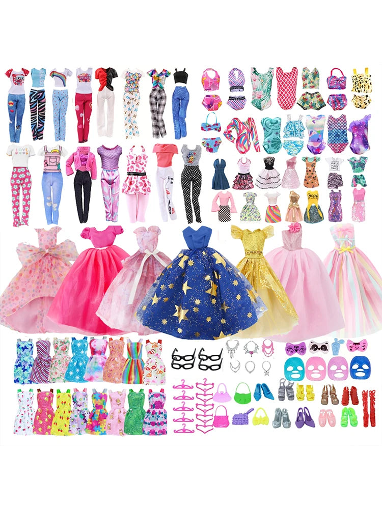 64-Piece Doll Clothes & Accessories Set — Fashion Gowns, Swimsuits, Shoes & More for 11.5" Dolls