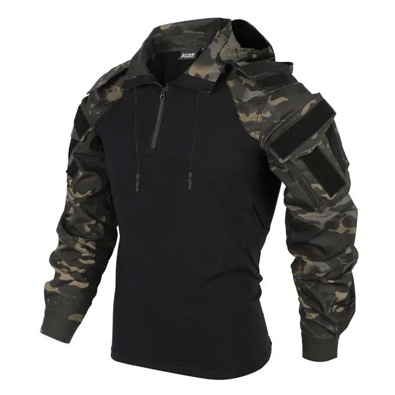 Men's Tactical Combat Suit – Camo Hooded Shirt & Cargo Pants with Pads