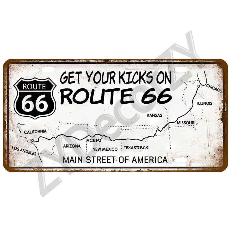 Route 66 Vintage Car Garage Tin Sign — Retro Wall Art Decor