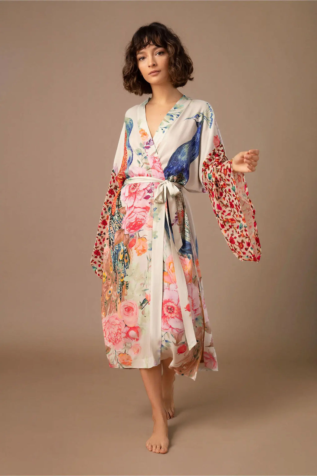 Peacock Print Beach Kimono Cover-Up — Self-Belted Wrap Dress Swimsuit Cover