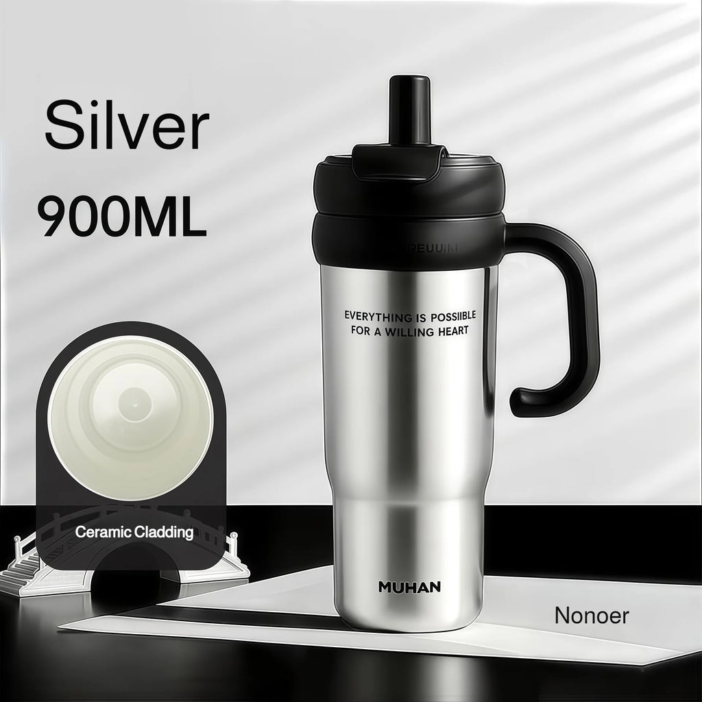 900ml Ceramic Interior Tumbler with Handle & Straw – 201 SS Shell, Dishwasher Safe, 24Hr Cold, Modern Minimalist, 3 Colors