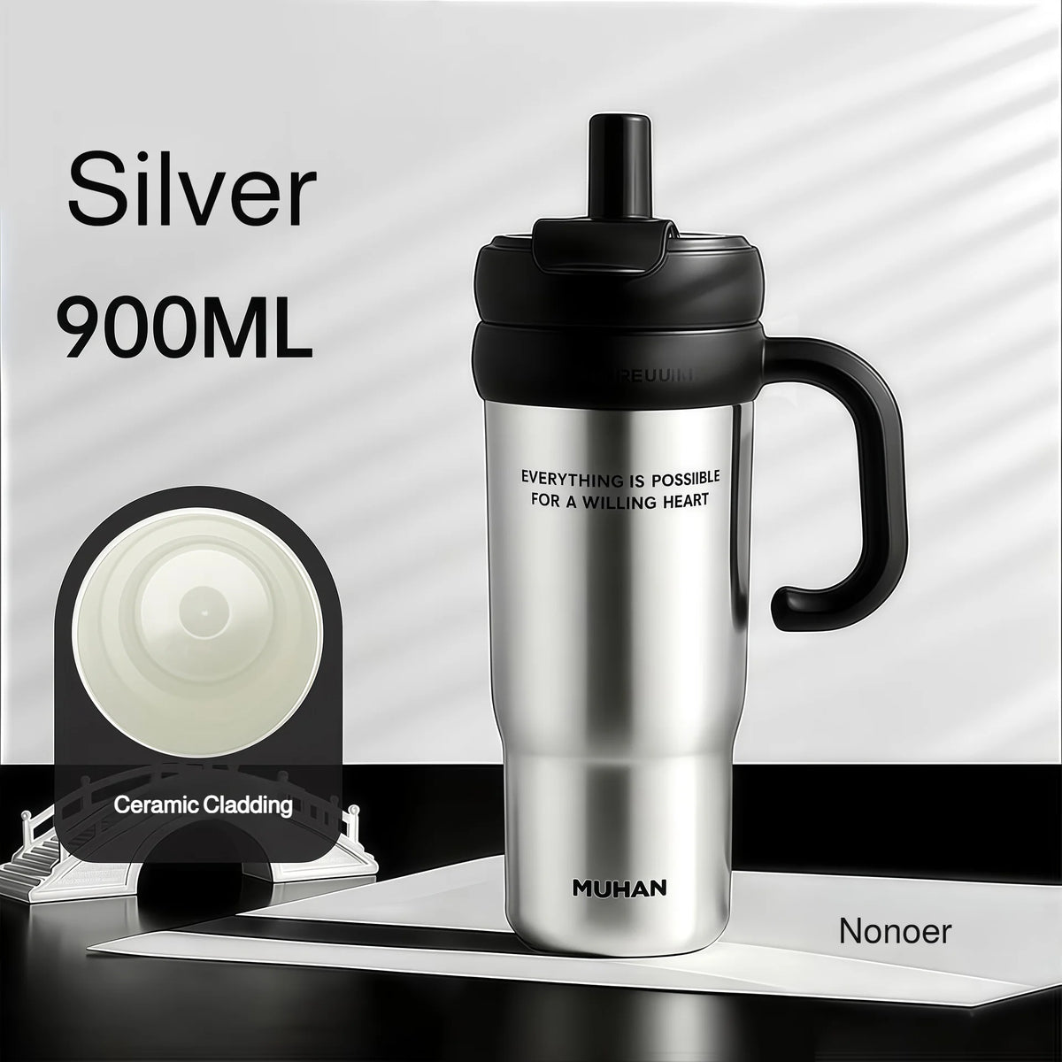 900ml Ceramic Interior Tumbler with Handle & Straw – 201 SS Shell, Dishwasher Safe, 24Hr Cold, Modern Minimalist, 3 Colors