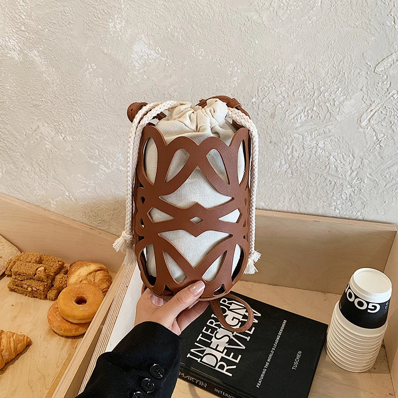 Brilliant Fish Hollow Out Drawstring Mini Bucket Crossbody Bag – Adjustable Strap Shoulder Bag for Women