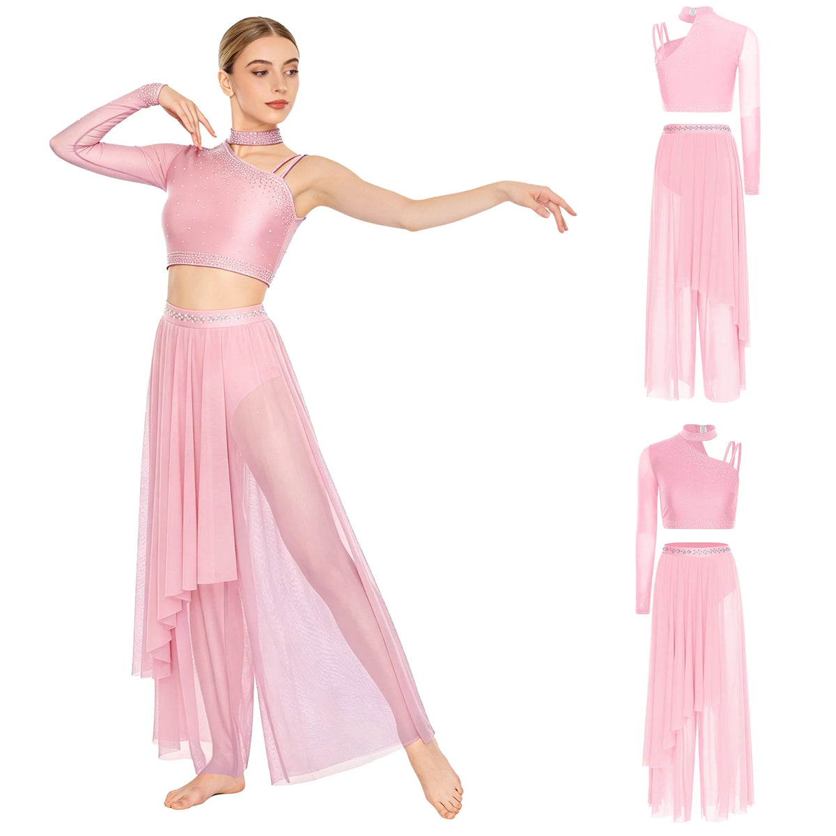Women's Dance Performance Costume – Shiny Crop Top & Sheer Pants for Skating, Gymnastics & Ballet