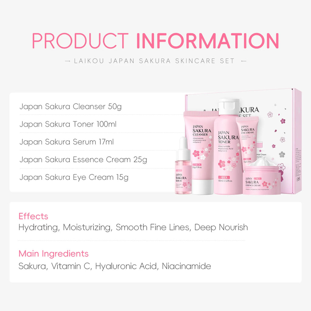 LAIKOU Sakura 5-Piece Korean Skincare Gift Set — Moisturizing & Brightening Routine
