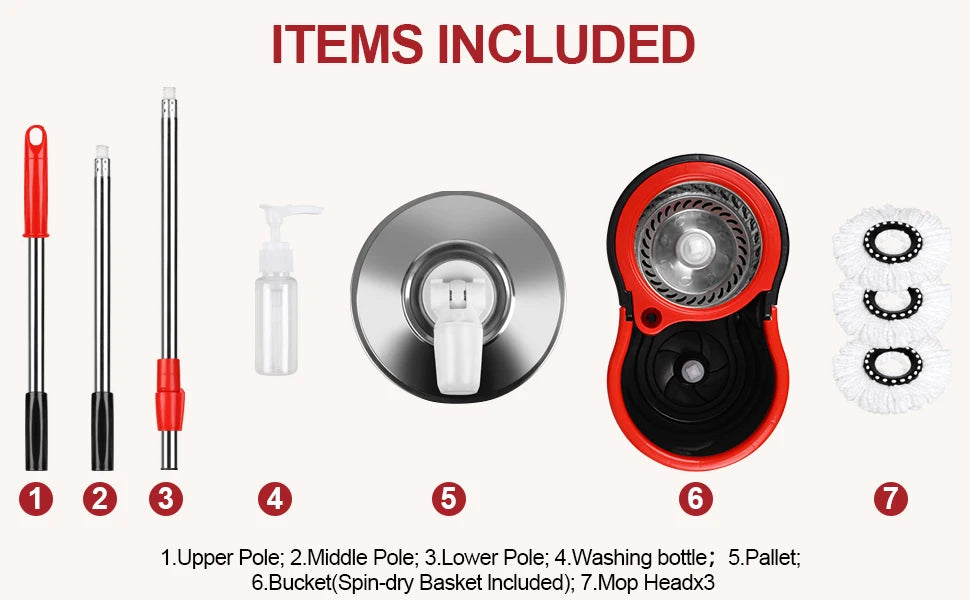 360° Spin Mop & Bucket Set — 3 Microfiber Heads, Stainless Steel Basket, 61" Adjustable Handle