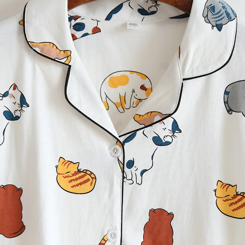 Women's Japanese Style 100% Cotton Cartoon Pajama Set | Short Sleeve & Shorts Sleepwear