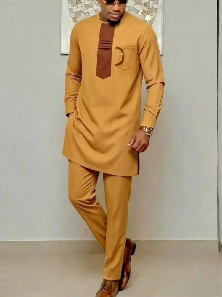 Men's African Kaunda Kaftan Long Sleeve Top & Pants 2-Piece Suit – Traditional Ethnic Wear