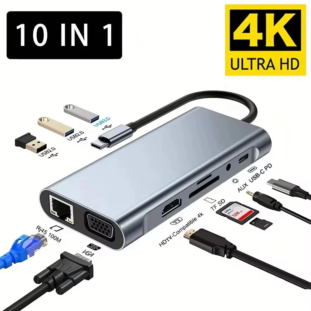 10-in-1 USB-C Hub — 4K HDMI, 100W PD Charging, USB 3.0, SD/TF Card Reader, RJ45 Ethernet