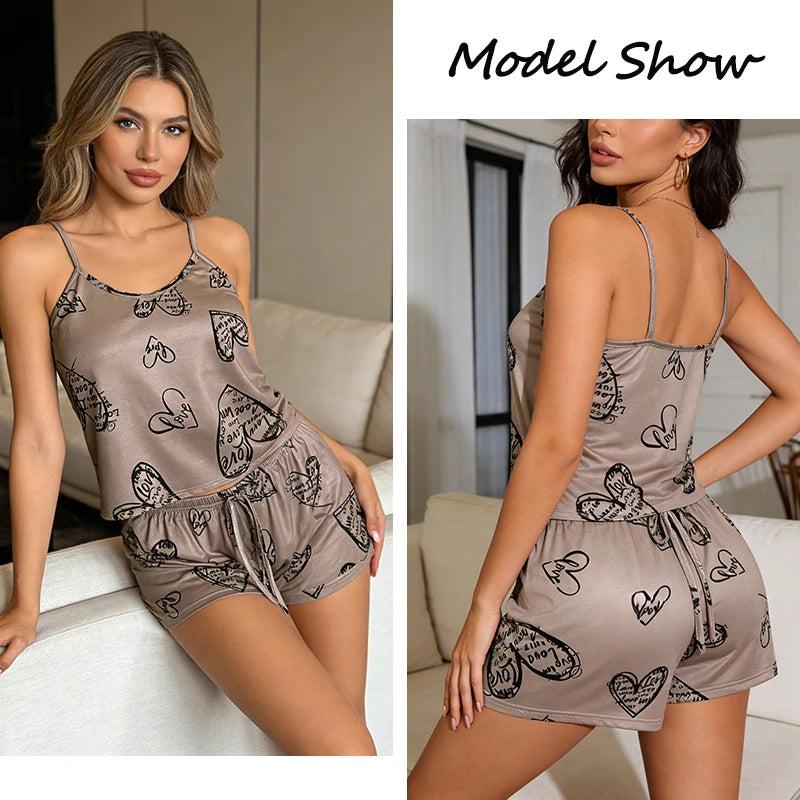 Women's Ice Silk Print Pajama Set | Round Neck T-Shirt & Shorts Breathable Homewear