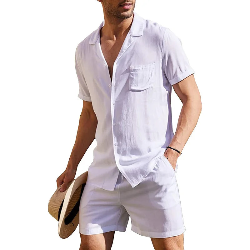 Men's Cotton Linen Short Sleeve Shirt & Shorts Set – Breathable Casual Beach Pajama 2-Piece