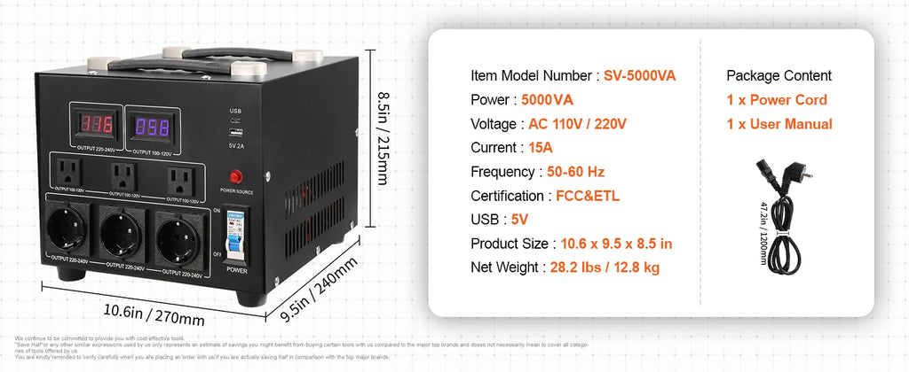 Heavy Duty Voltage Converter Transformer — 2000VA/3000VA/5000VA Step Up/Down, US & EU Outlets