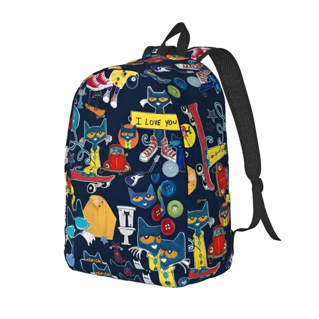 Backpack with colorful Pete the Cat design on a white background