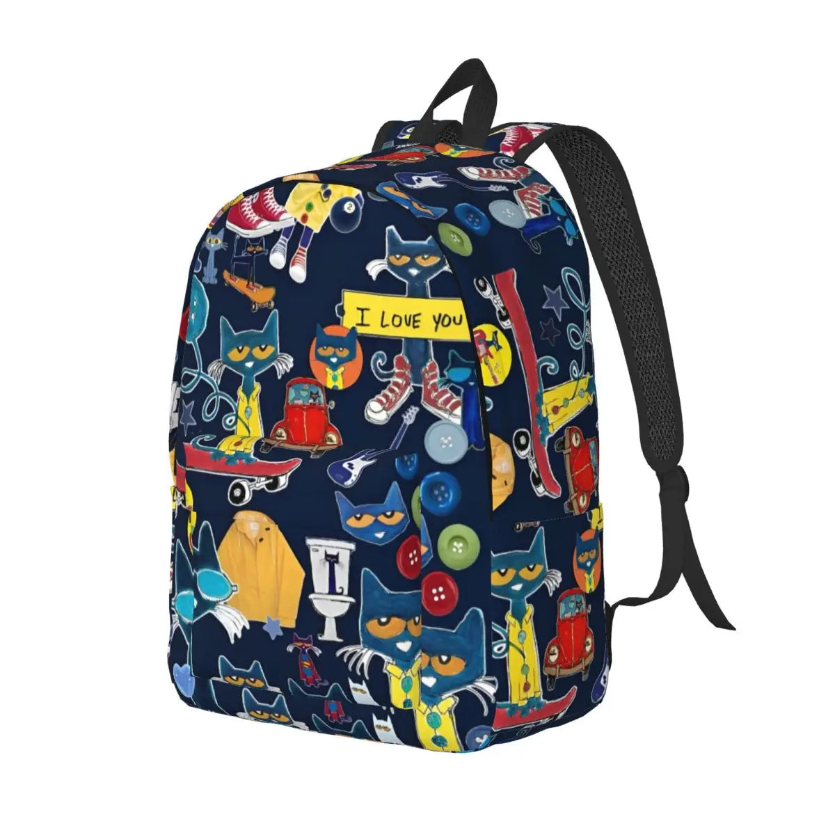 Backpack with colorful Pete the Cat design on a white background